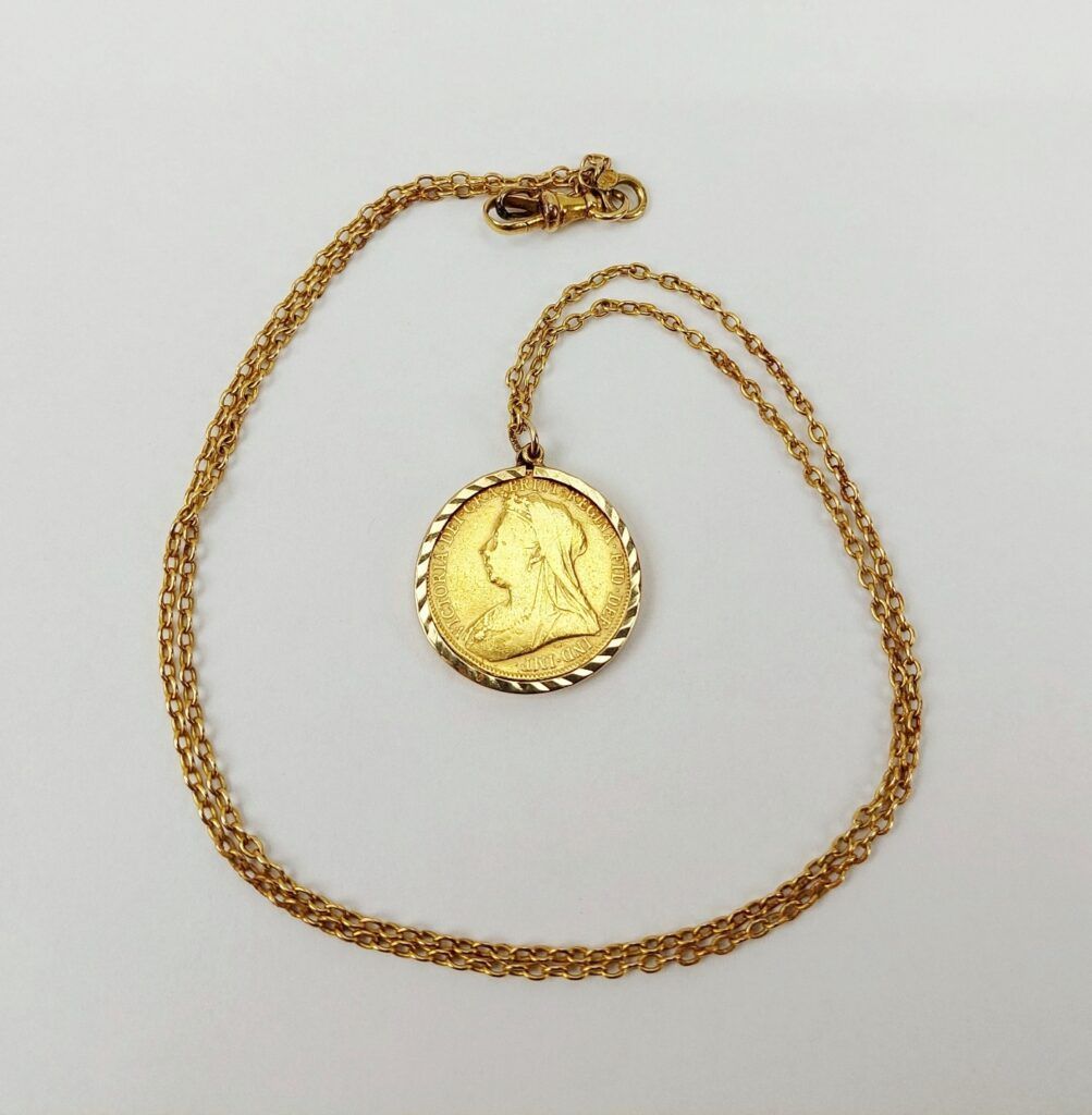 Gold Mounted 1900 Full Gold Sovereign On 18Ct Gold Chain Sally Antiques