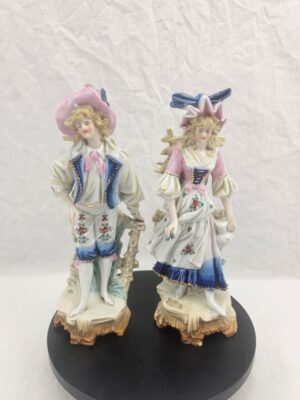 Pair of 19th Century German Thuringian Porcelain Figural Spill Vases, Rococo Revival Pastoral Couple, circa 1860–1885