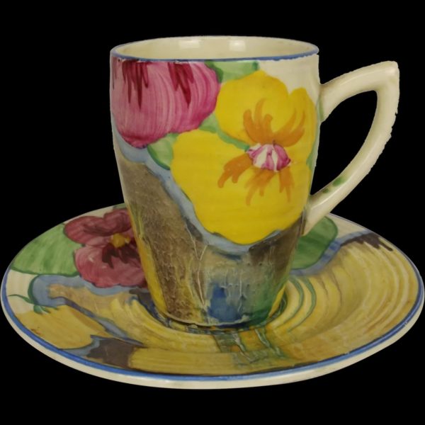Clarice Cliff Lynton Shape Delicia Pansies Coffee Can And Saucer