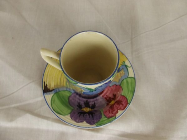 Clarice Cliff Lynton Shape Delicia Pansies Coffee Can And Saucer
