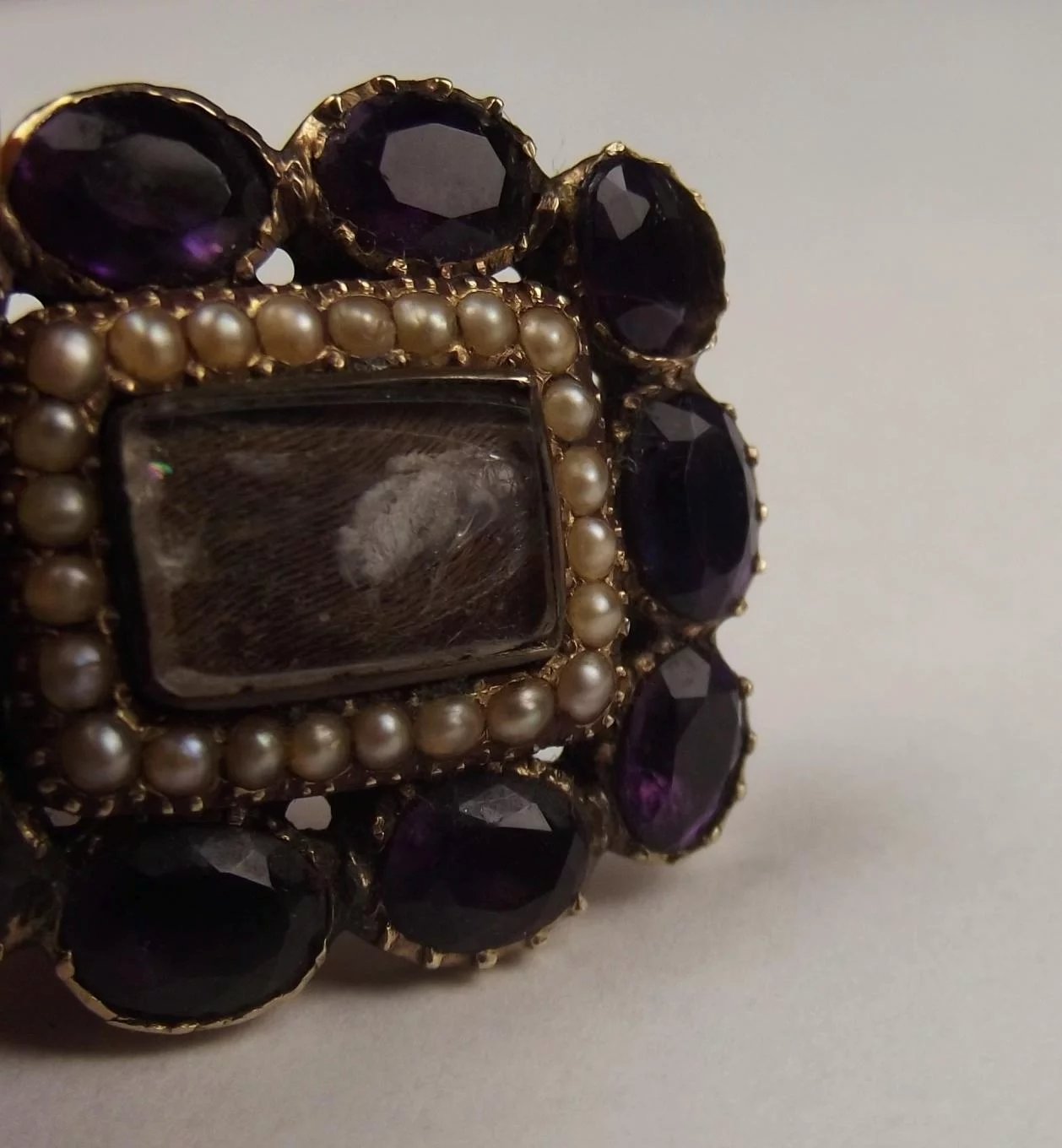 Victorian 9ct Yellow Gold Amethyst & Pearl Mourning Brooch - Sally Antiques