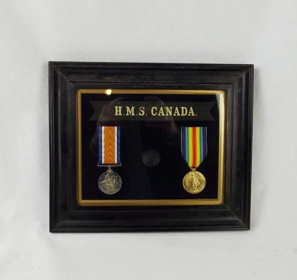 WW1 Framed Medal Pair - HMS Canada - A. Benson A.B.R.N. - Sally Antiques