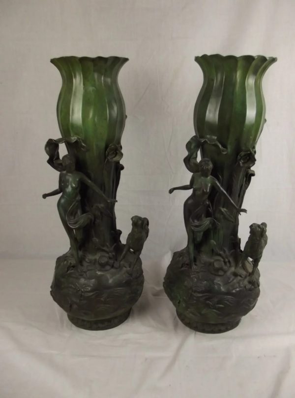 Large Pair Of Bronze Diana The Huntress Vases