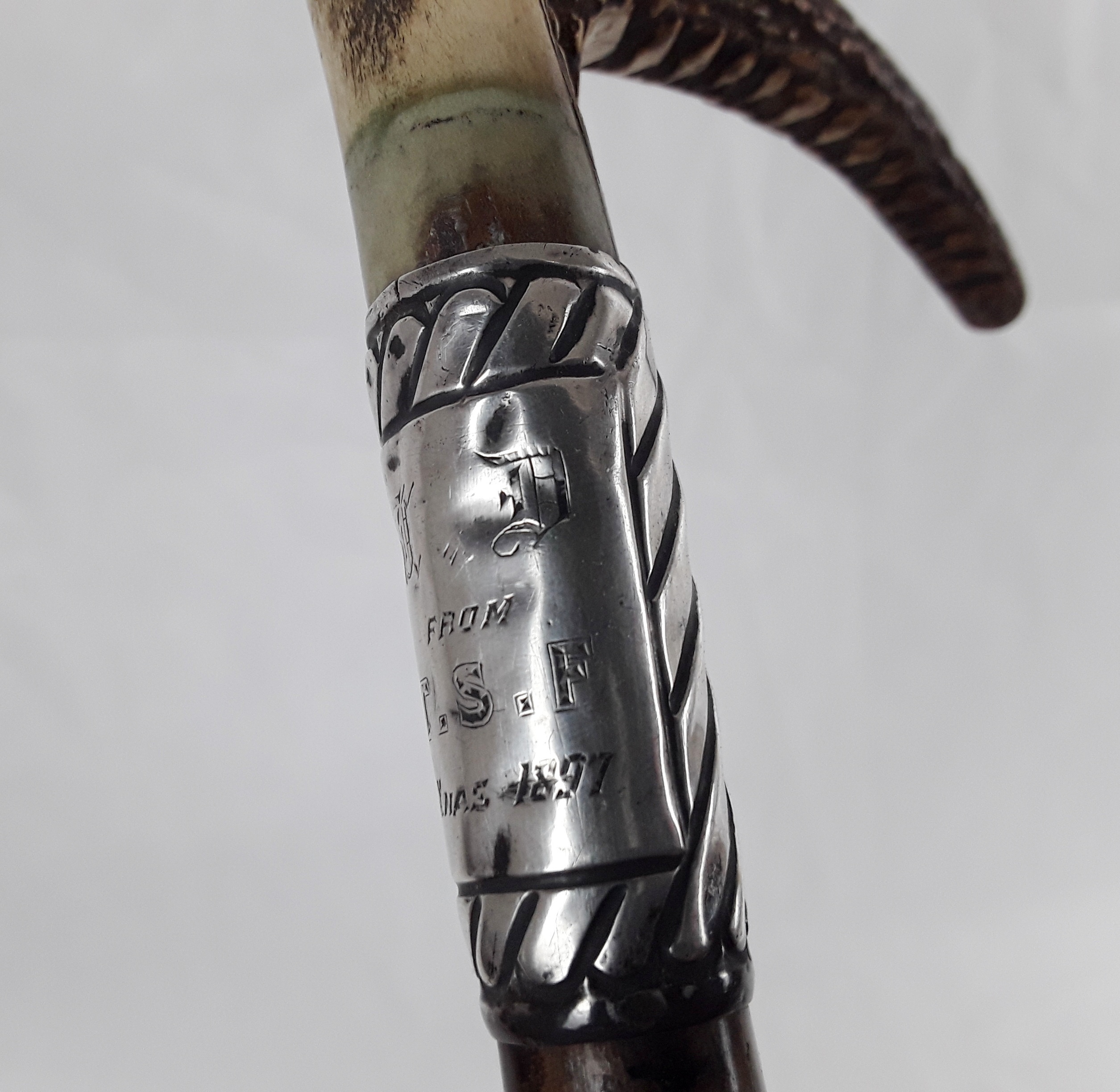1897 Late Victorian Silver Collared Bamboo And Antler Walking Cane - Sally  Antiques