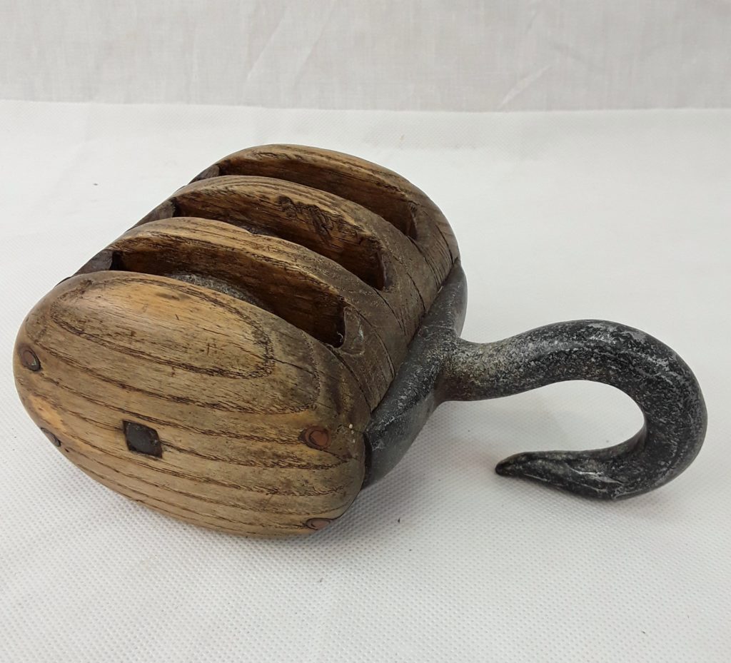 Vintage Oak And Steel Ships Triple Pulley Block - Sally Antiques