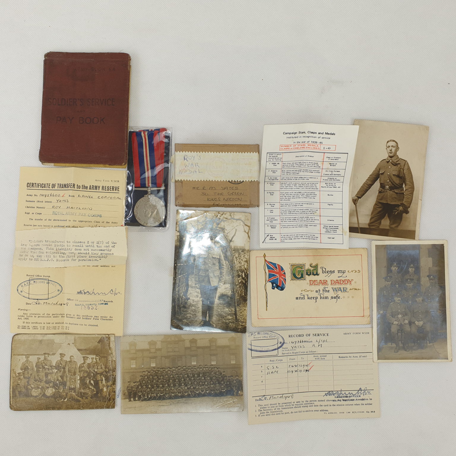 Private Roy Yates WW2 War Medal Plus Service Book - Sally Antiques