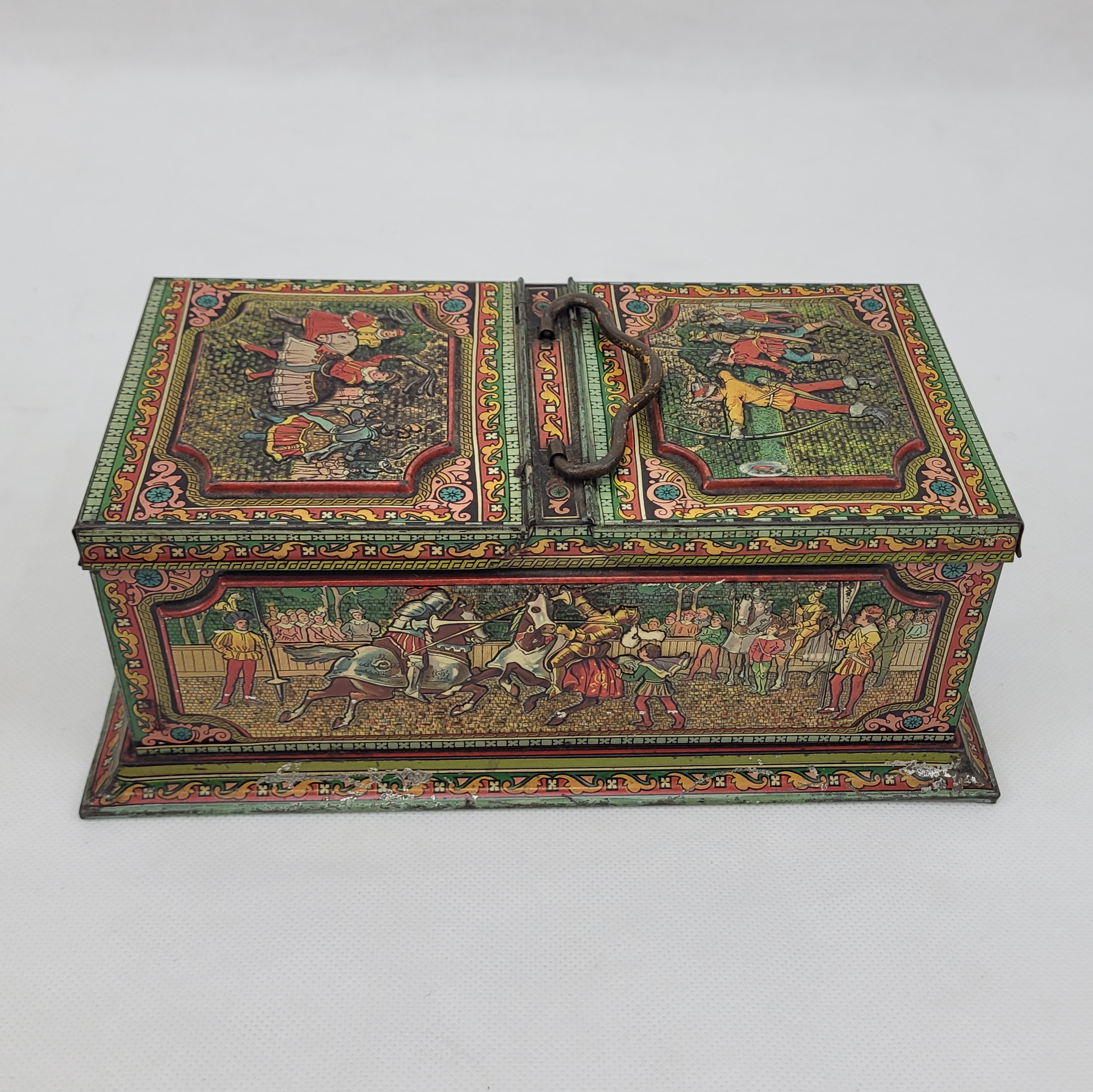 Huntley And Palmers Biscuit Tin In The Shape Of A Tea Caddy With Embossed  Medieval Designs - Sally Antiques