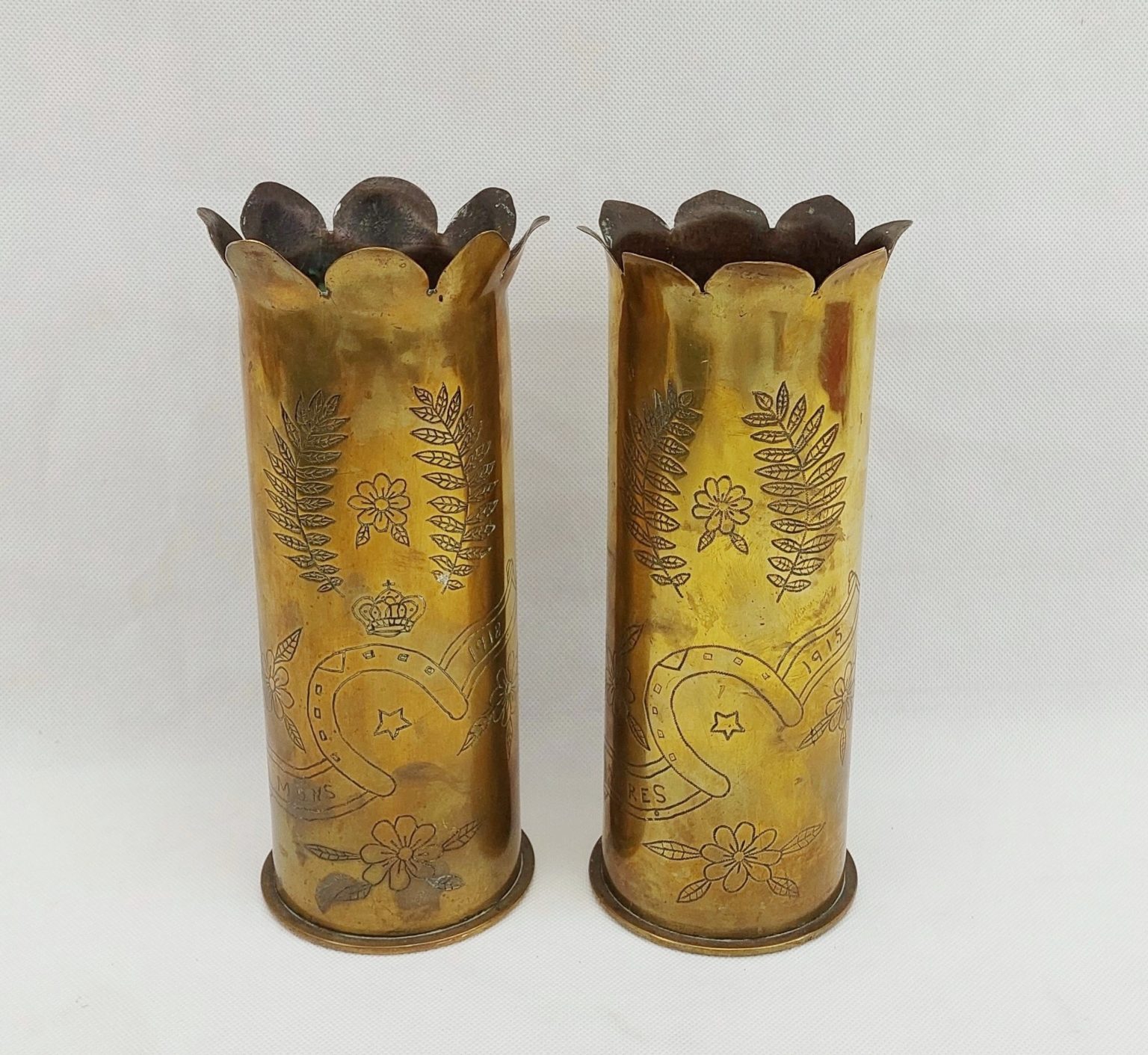 WW1 1915 And 1917 Trench Art 75mm Shell Case Pair - Sally Antiques