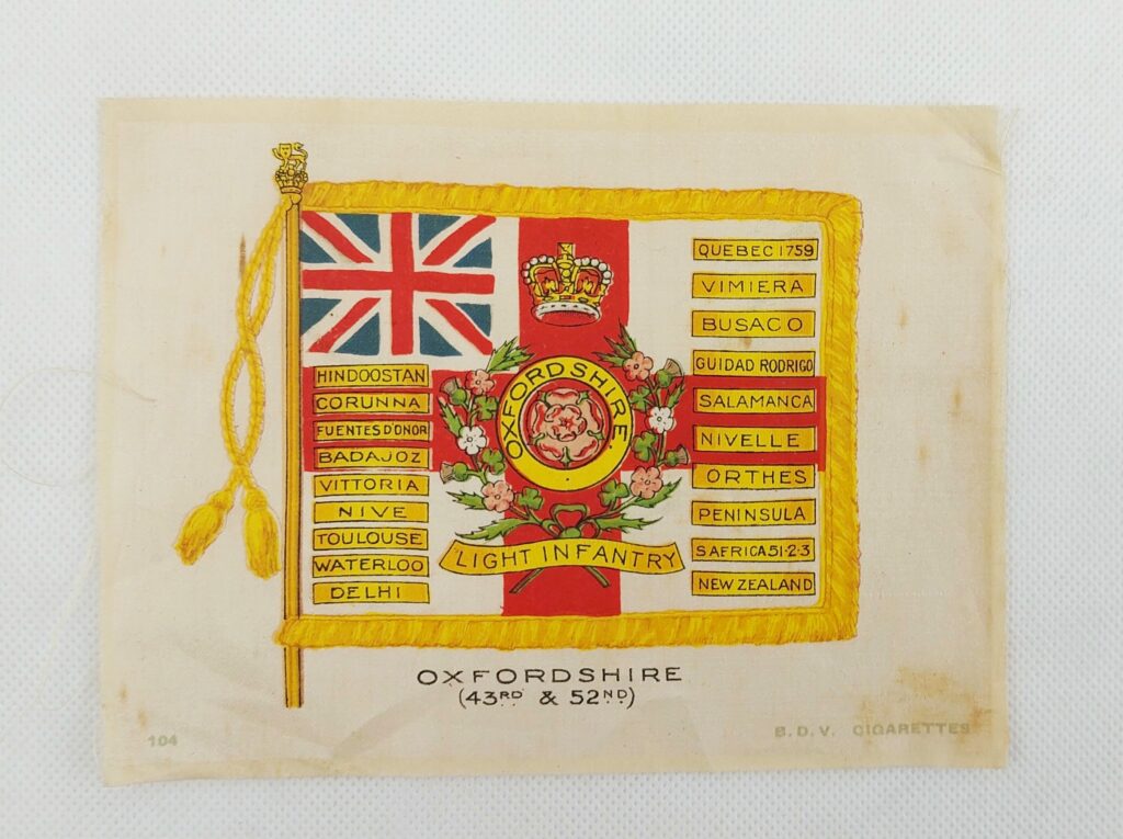 bdv cigarettes silk flags WW1 BDV Cigarettes Silk Postcard – Oxfordshire Regiment