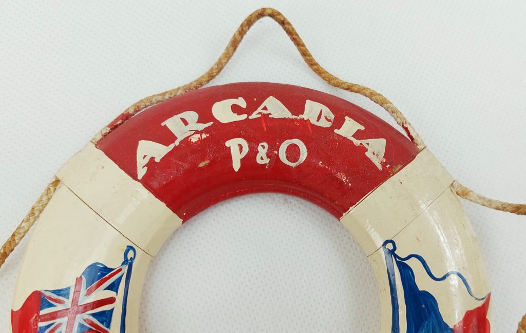 p-o-ss-arcadia-ocean-liner-1966-cruise-souvenir-life-ring-sally-antiques