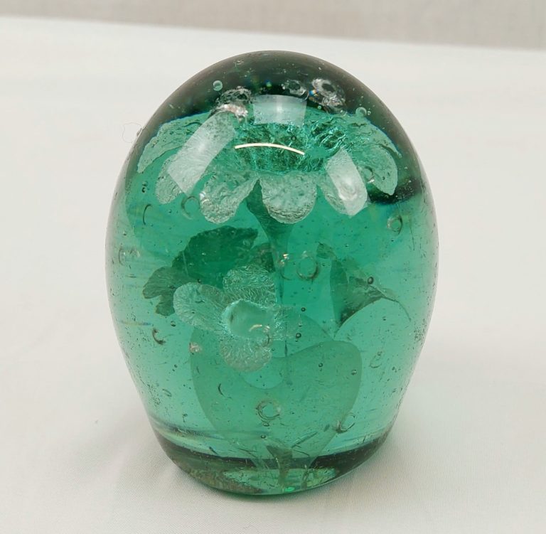 Victorian Green Glass Dump Floral Paperweight - Sally Antiques