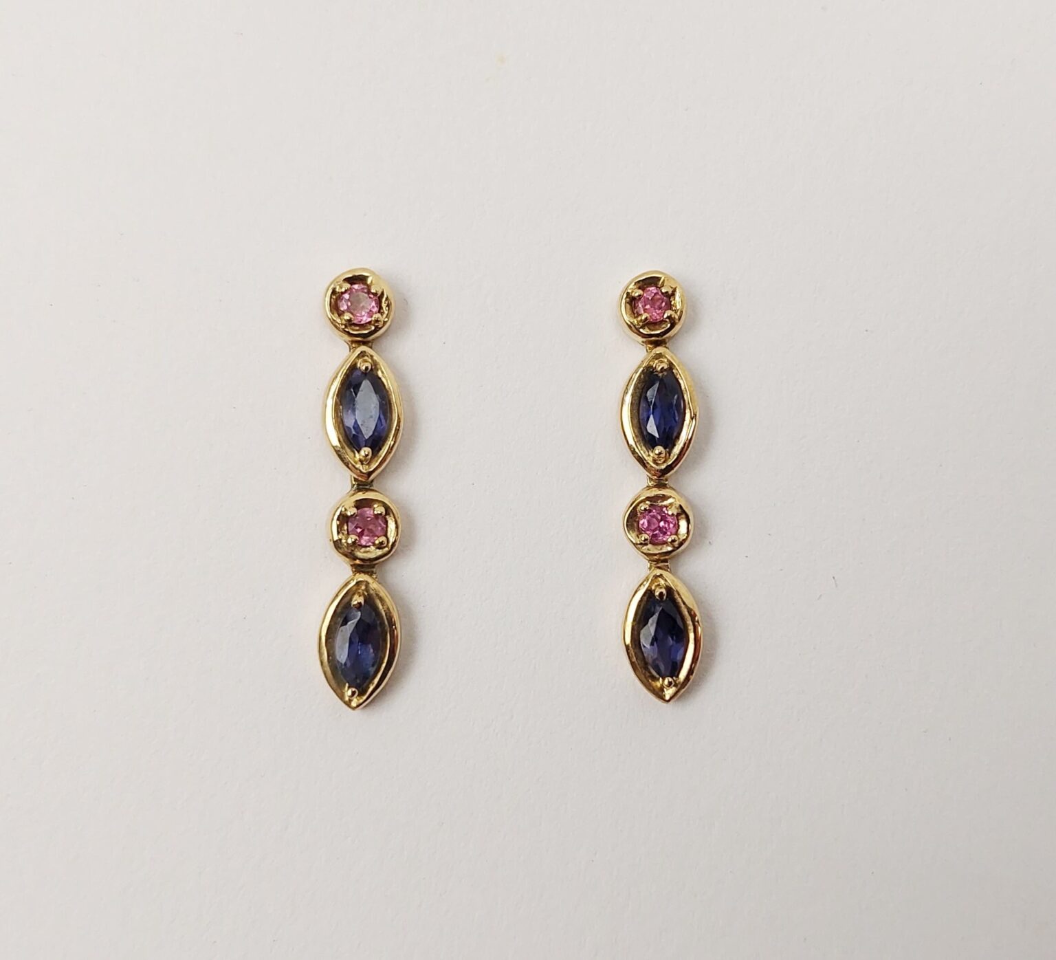 9ct Gold Tourmaline & Iolite Drop Earrings - Sally Antiques