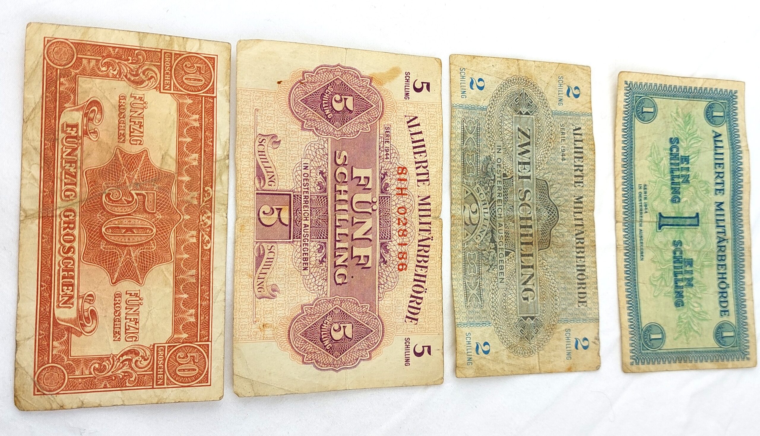 Austrian, 1944, Allied Military Currency (AMC), Ein (1) Schilling, Zwei (2) Schilling, Funf (5) Schilling, Funfzig (50) Groschen, (Alliierte Militärbehörde, In Oesterreich Ausgegeben)