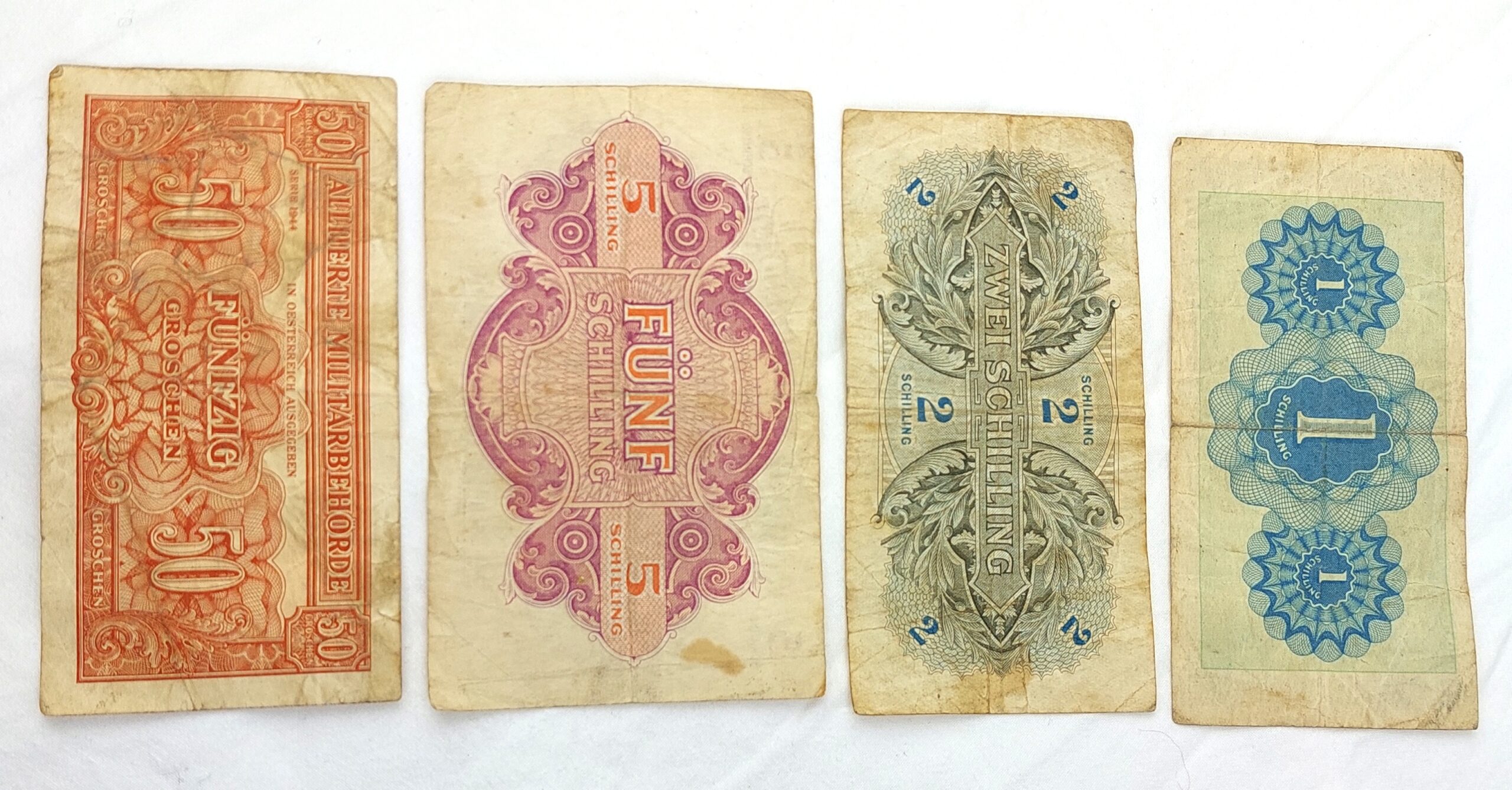 Austrian, 1944, Allied Military Currency (AMC), Ein (1) Schilling, Zwei (2) Schilling, Funf (5) Schilling, Funfzig (50) Groschen, (Alliierte Militärbehörde, In Oesterreich Ausgegeben)2