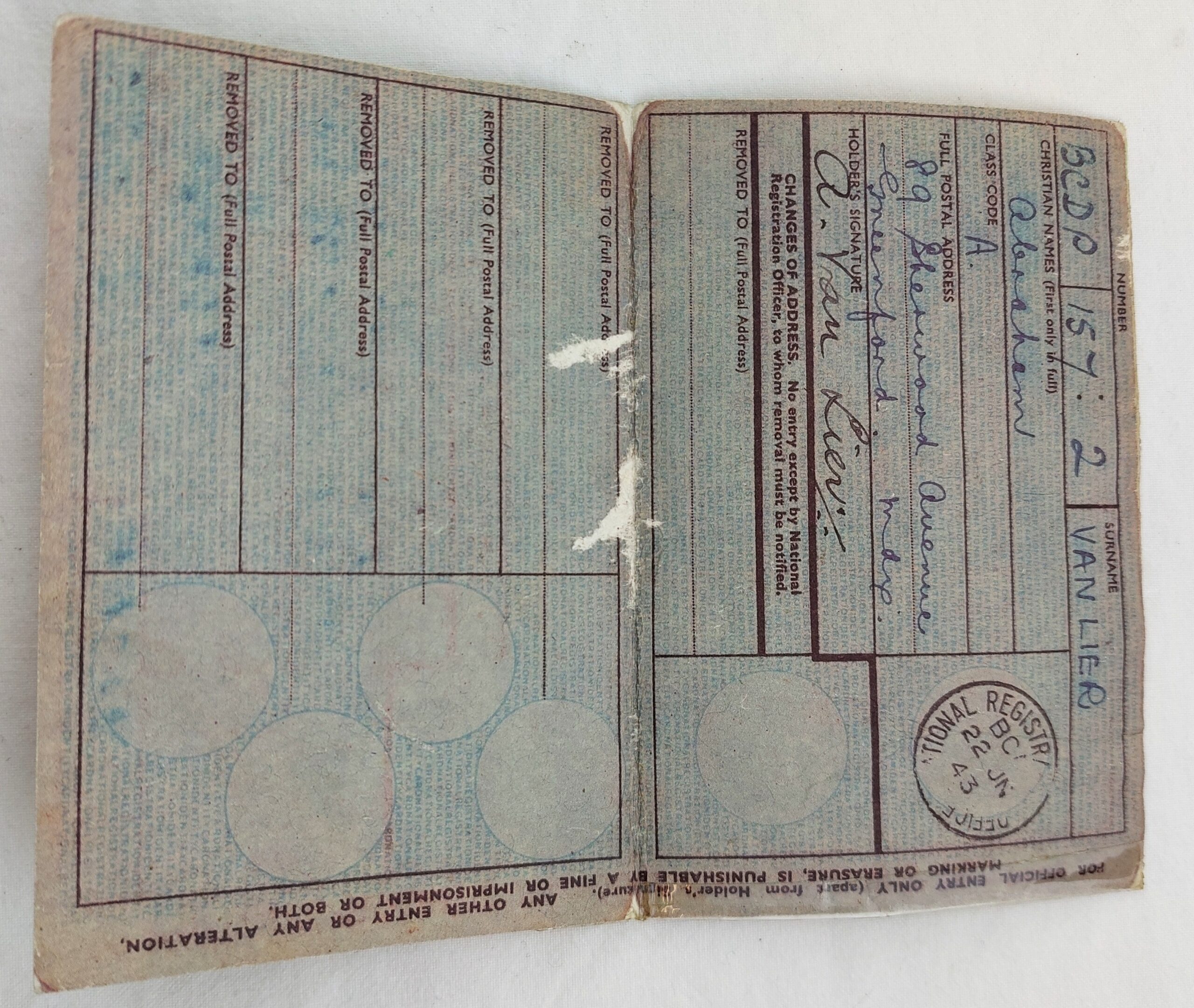 British, WW2, Original National Registration Act 1943 Identity Card, 'Abraham Van Lier' (2)