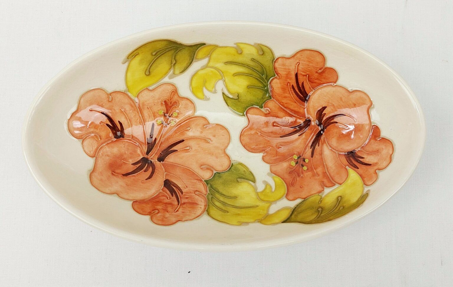 Moorcroft Cream Hibiscus Pattern Oval Bowl - Sally Antiques