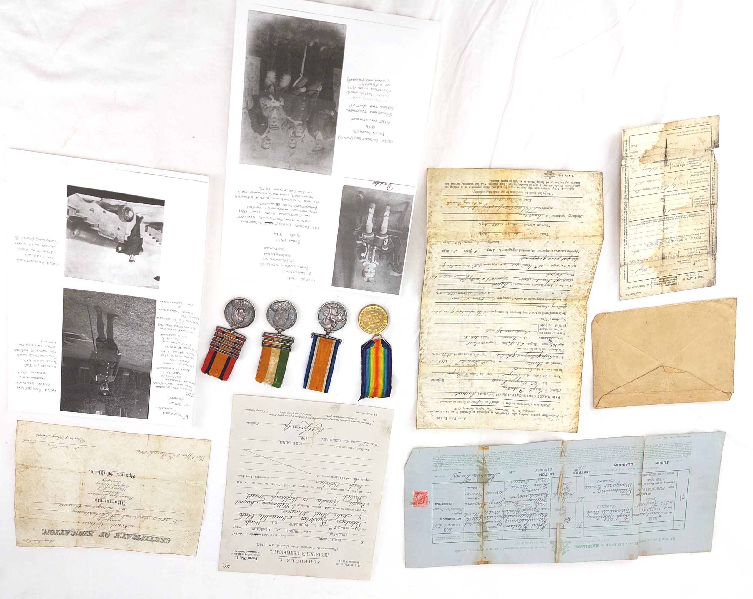 British, Boer War & WW1, Medal Group for Hugh Robertson, (3549 6th Dragoon Guards Queens South Africa Medal & Kings South Africa Medal), (DM2-196036 A.S.C. Army Service Corps Great War Meda (1)