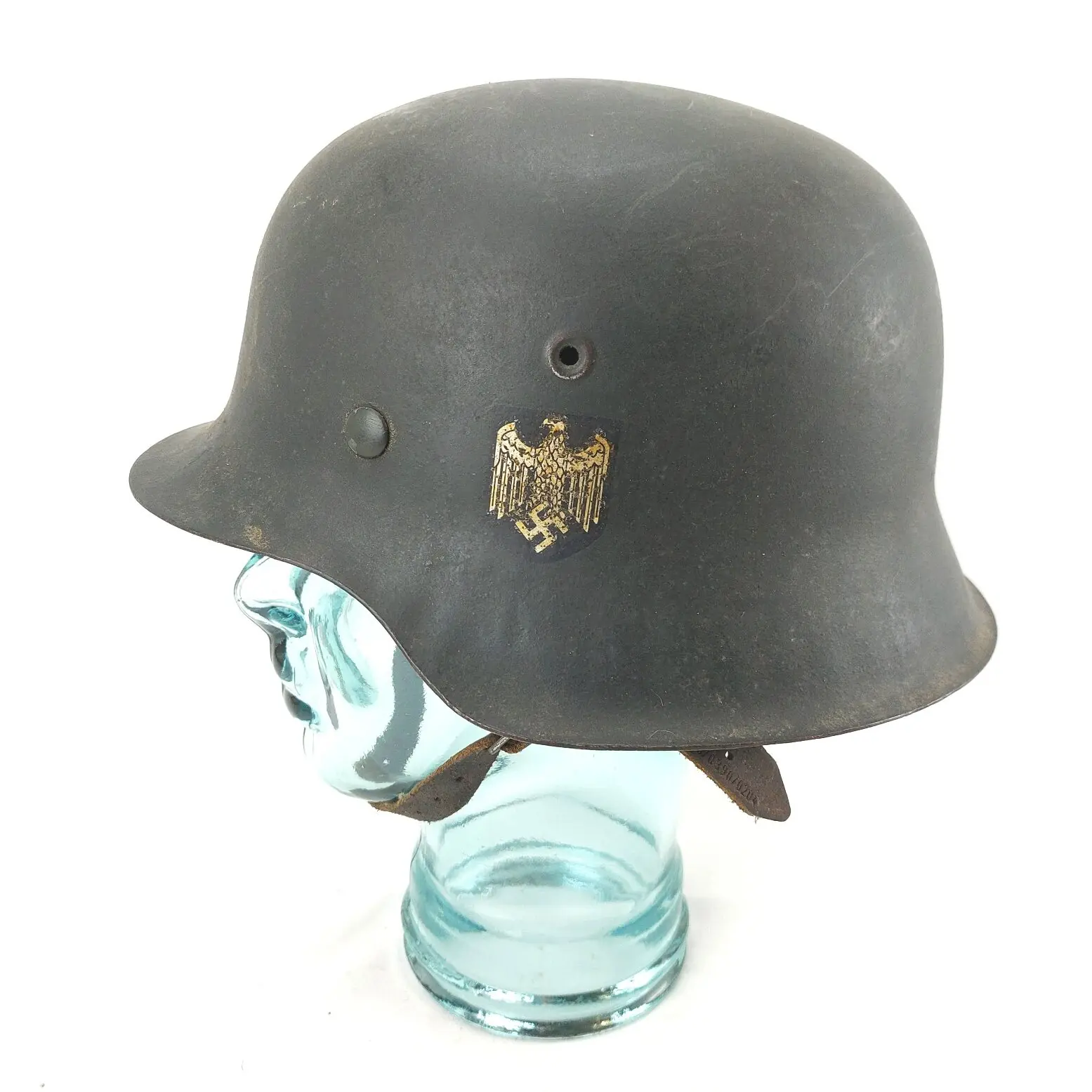 German, WW2 M42 Heer Helmet – qvl, Slate, Single Decal, Original Liner & Marked Chinstrap (1)