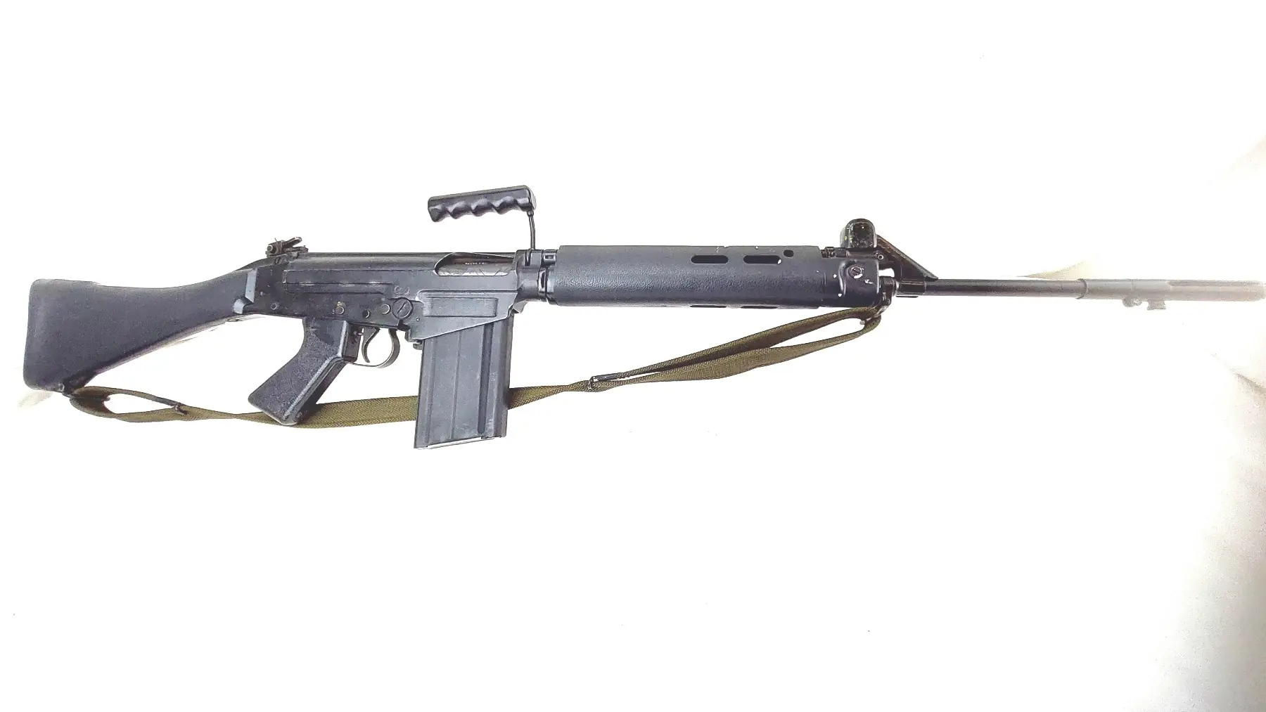 British, 1960, L1A1 SLR (Self-Loading Rifle), Withy Canvas Sling, Broad Arrow Magazine, Deactivated (1)