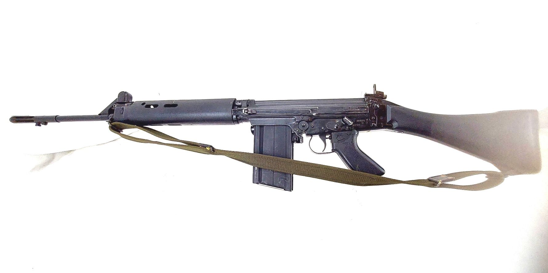 British, 1960, L1A1 SLR (Self-Loading Rifle), Withy Canvas Sling, Broad Arrow Magazine, Deactivated (6)
