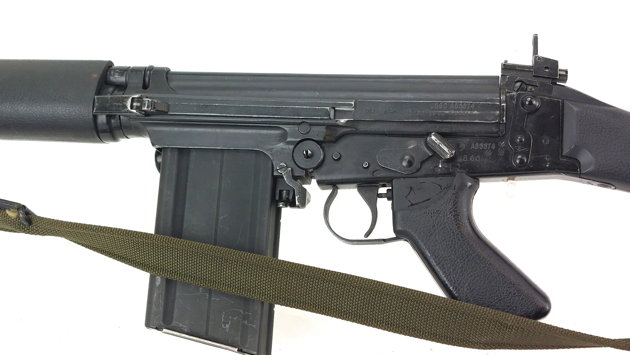 British, 1960, L1A1 SLR (Self-Loading Rifle), Withy Canvas Sling, Broad Arrow Magazine, Deactivated (8)