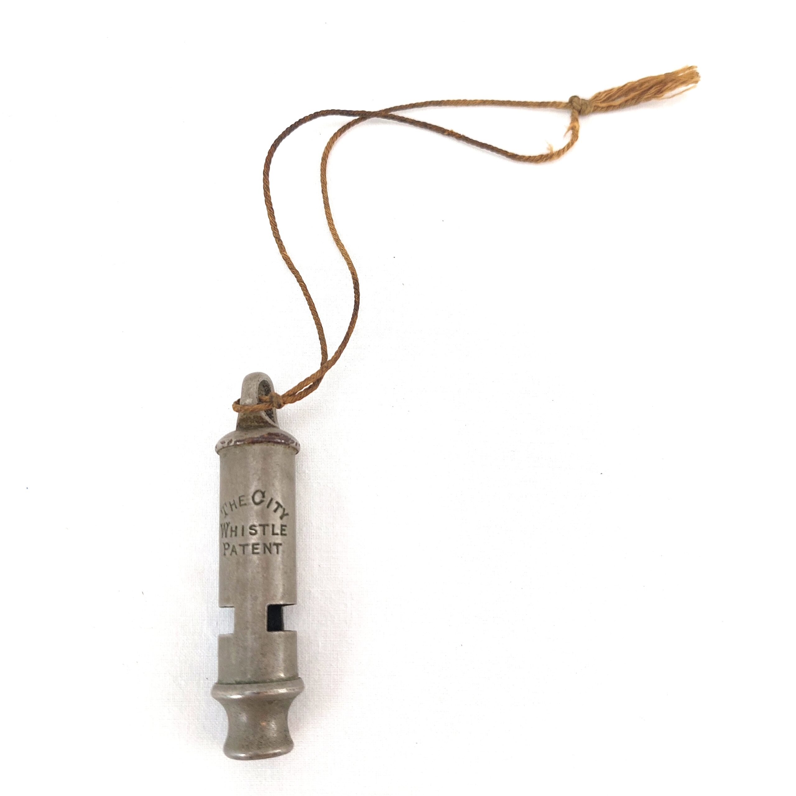 British, c.1900, The City Whistle Patent Nickel-Plated Whistle with Cord (1)