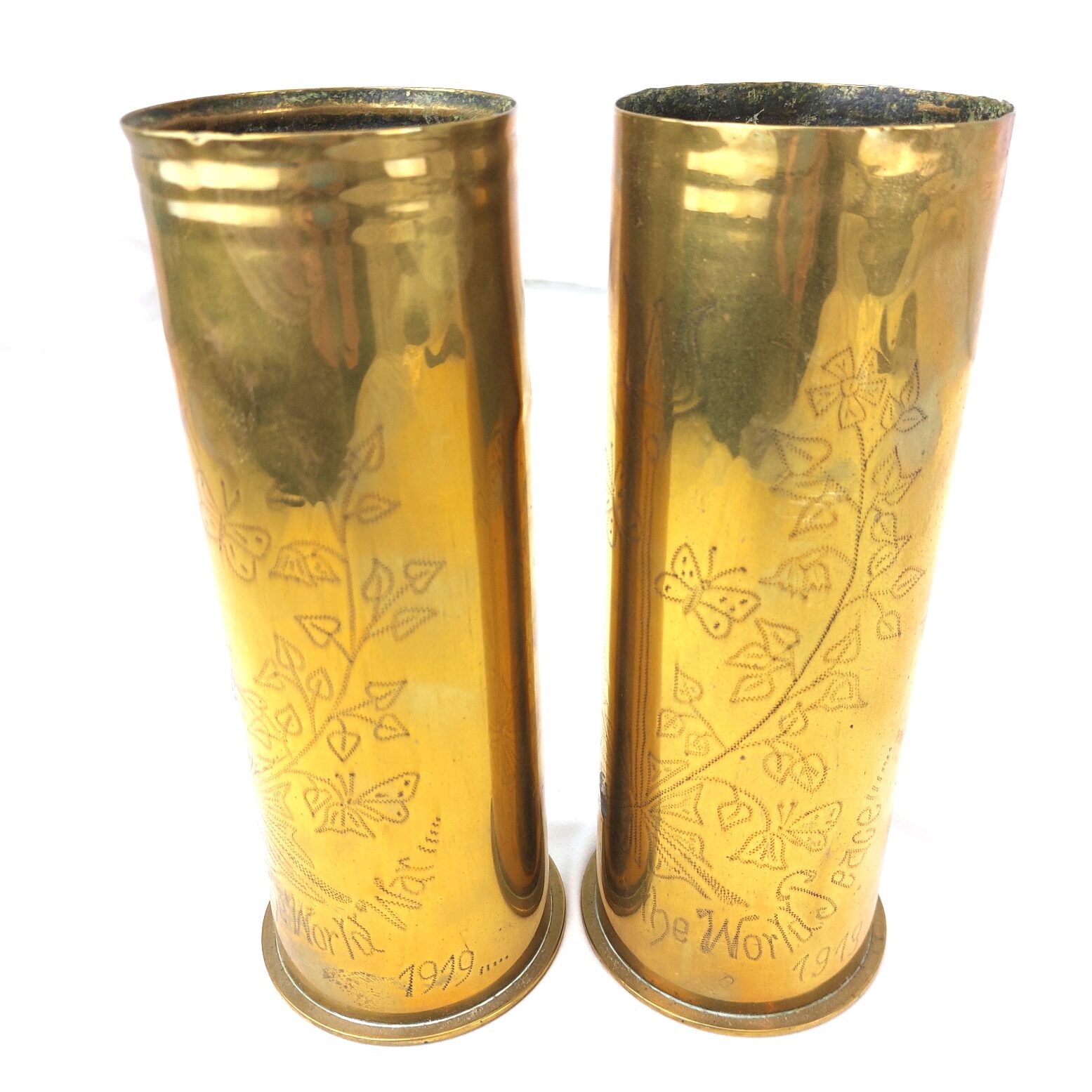 Imperial German, WW1, Pair of Trench Art Shell Case Vases — Dated 1917 & 1918 (2)