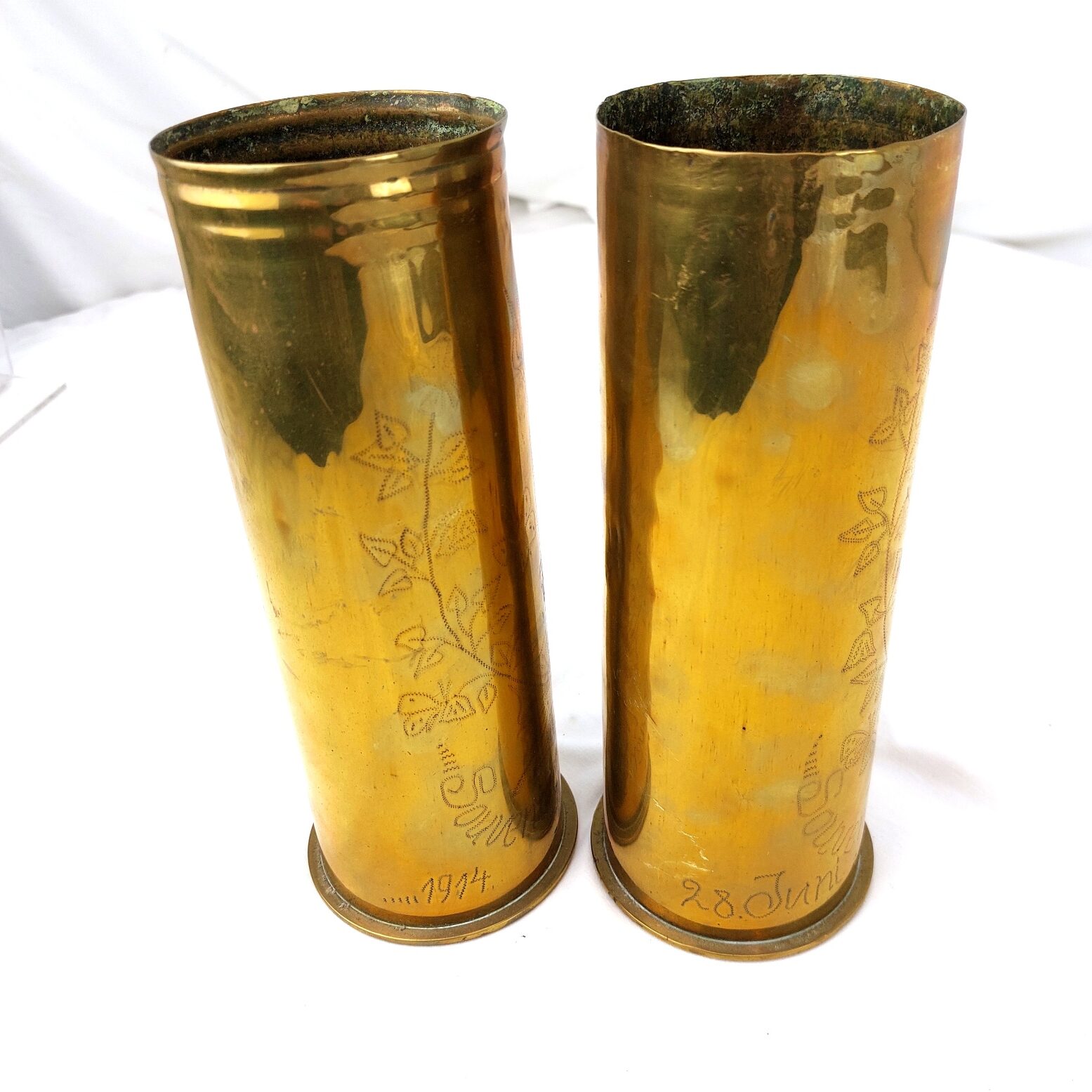 Imperial German, WW1, Pair of Trench Art Shell Case Vases — Dated 1917 & 1918 (4)