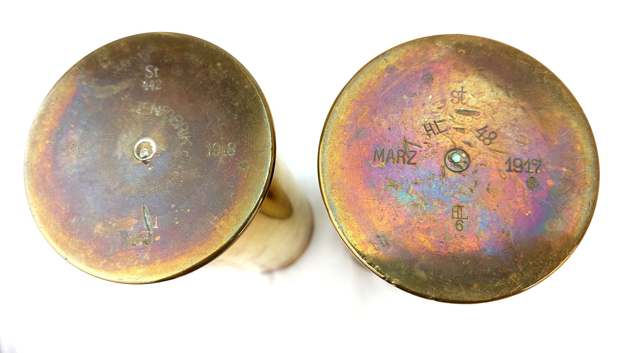 Imperial German, WW1, Pair of Trench Art Shell Case Vases — Dated 1917 & 1918 (6)