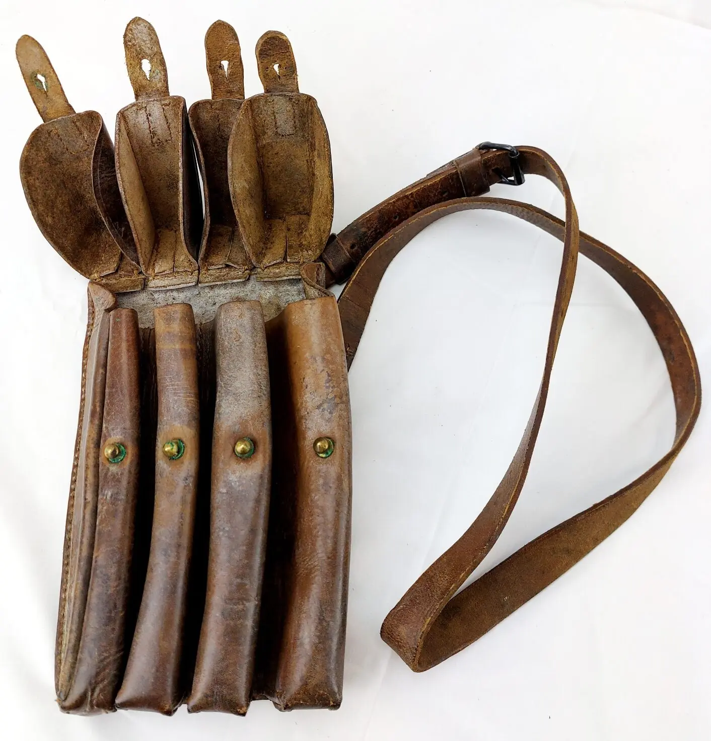Original WW2-Cold War, Leather Four-Cell SMG Magazine Pouch with Shoulder Strap (2)