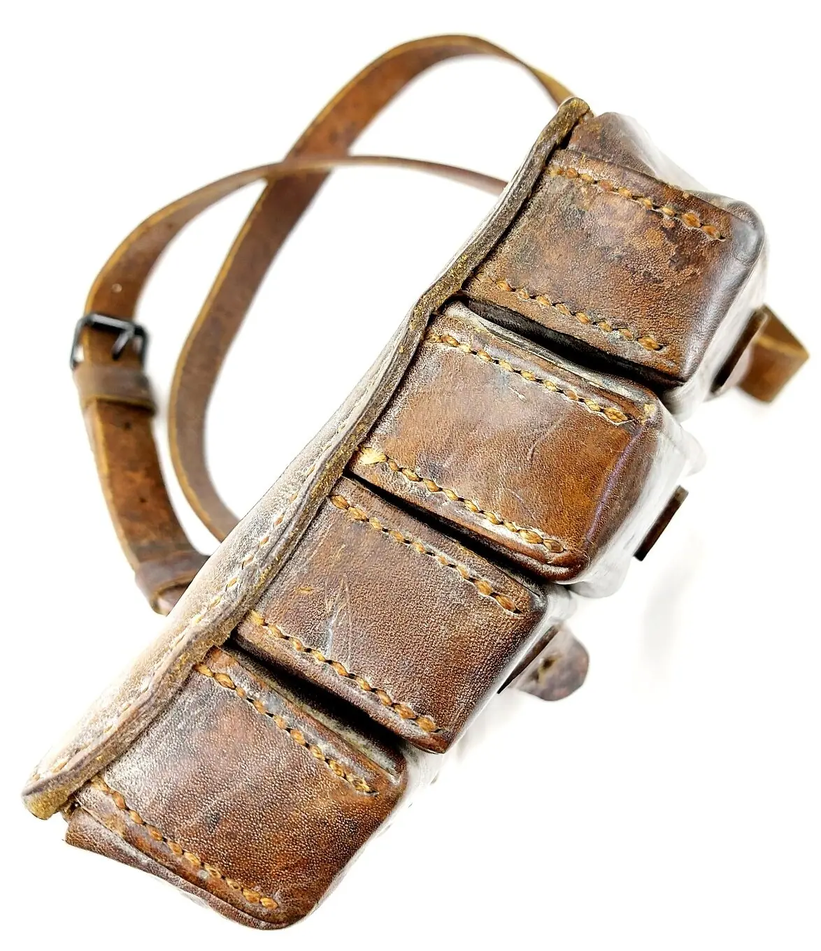 Original WW2-Cold War, Leather Four-Cell SMG Magazine Pouch with Shoulder Strap (4)