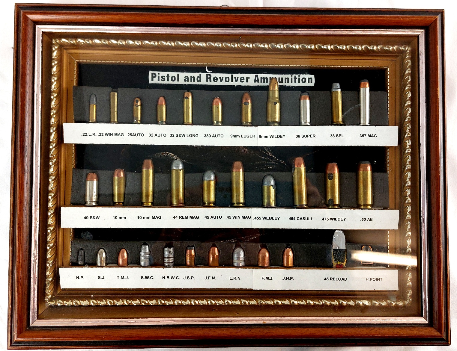 Framed Display of 33 Pistol and Revolver Cartridges, Inert (1)