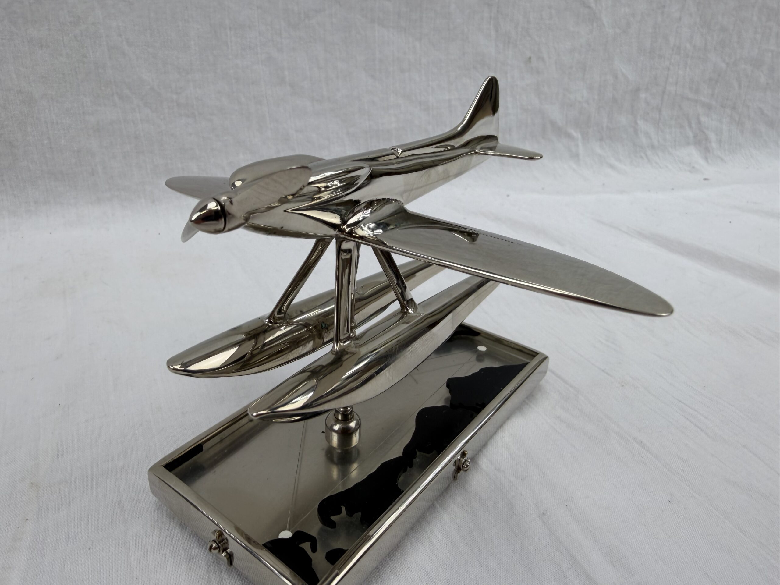 1930s Chromed Brass Schneider Trophy Supermarine S.6B Seaplane Mascot with Map (1)