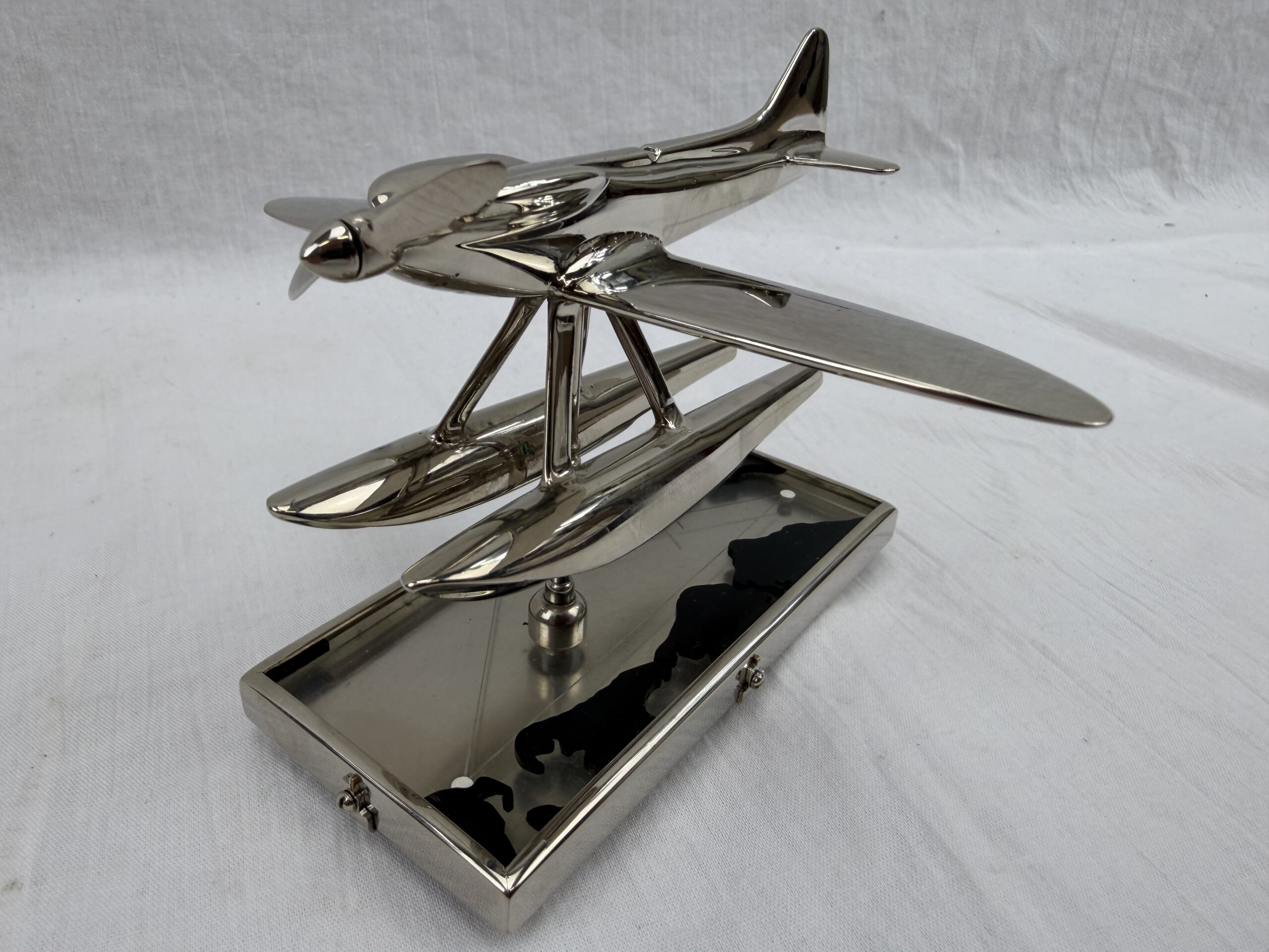 1930s Chromed Brass Schneider Trophy Supermarine S.6B Seaplane Mascot with Map (2)