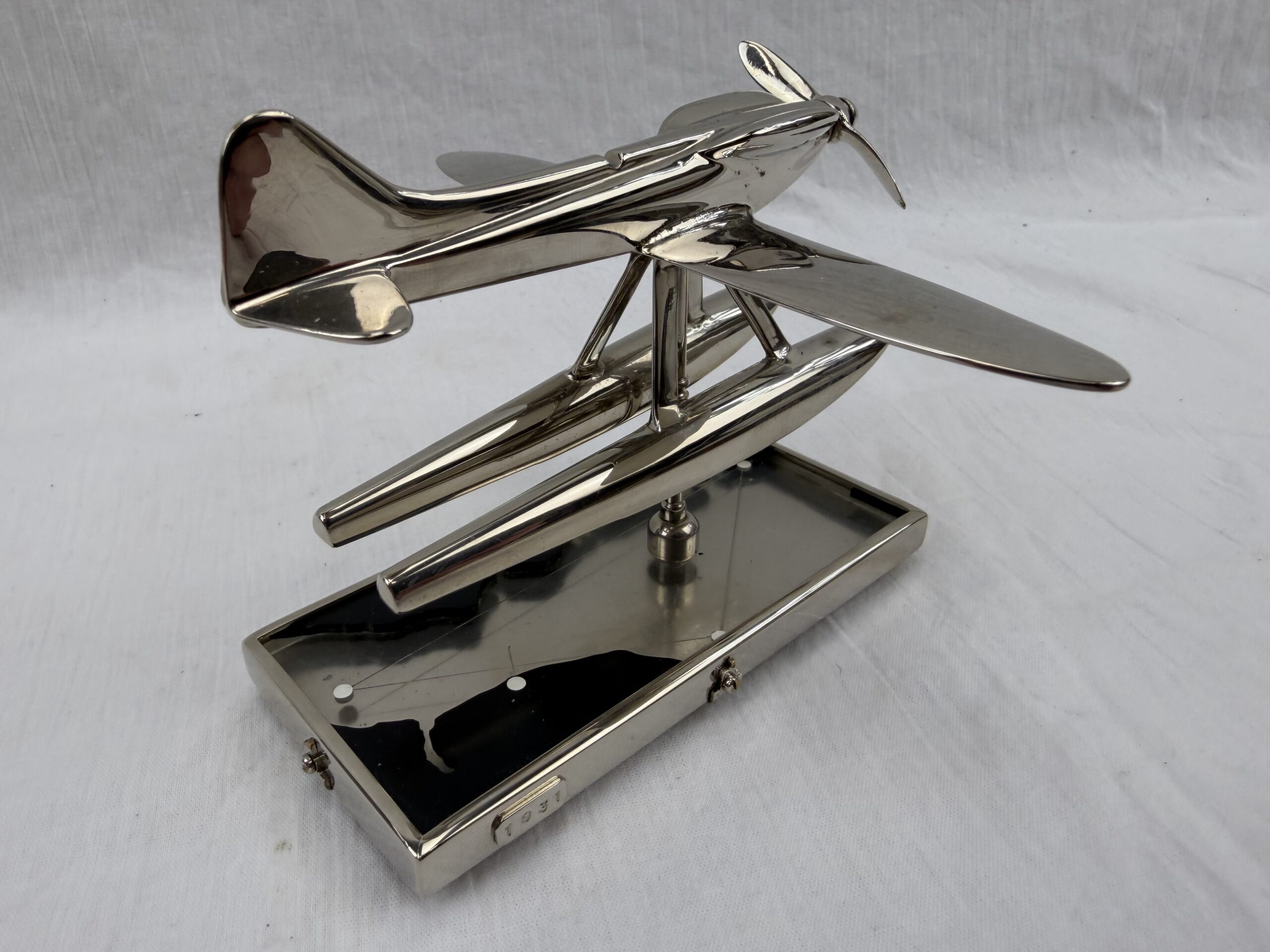 1930s Chromed Brass Schneider Trophy Supermarine S.6B Seaplane Mascot with Map (3)