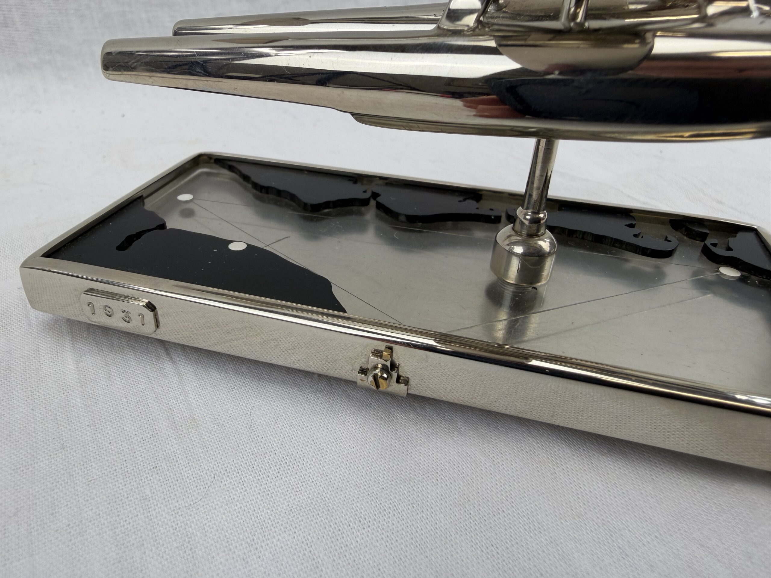 1930s Chromed Brass Schneider Trophy Supermarine S.6B Seaplane Mascot with Map (4)