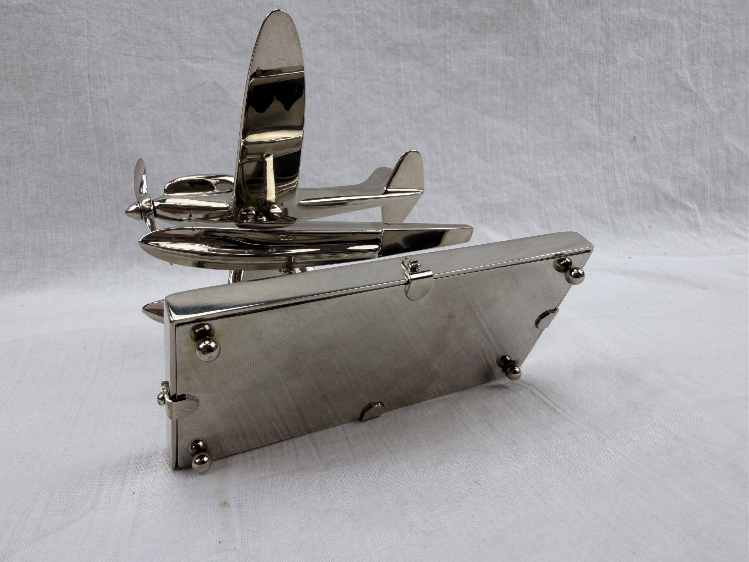 1930s Chromed Brass Schneider Trophy Supermarine S.6B Seaplane Mascot with Map (5)