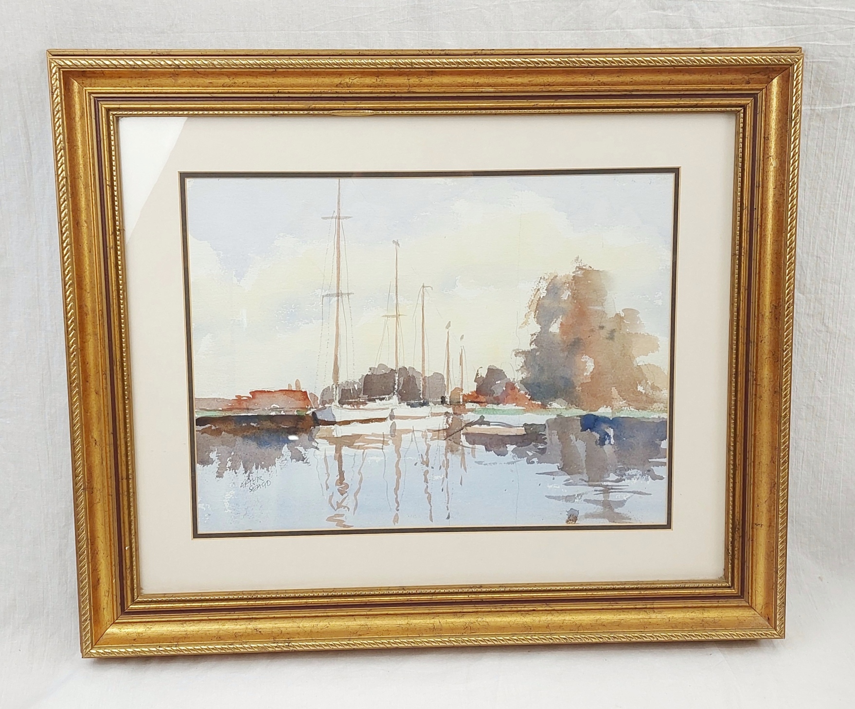 Contemporary Watercolour Of Moored Yachts 1