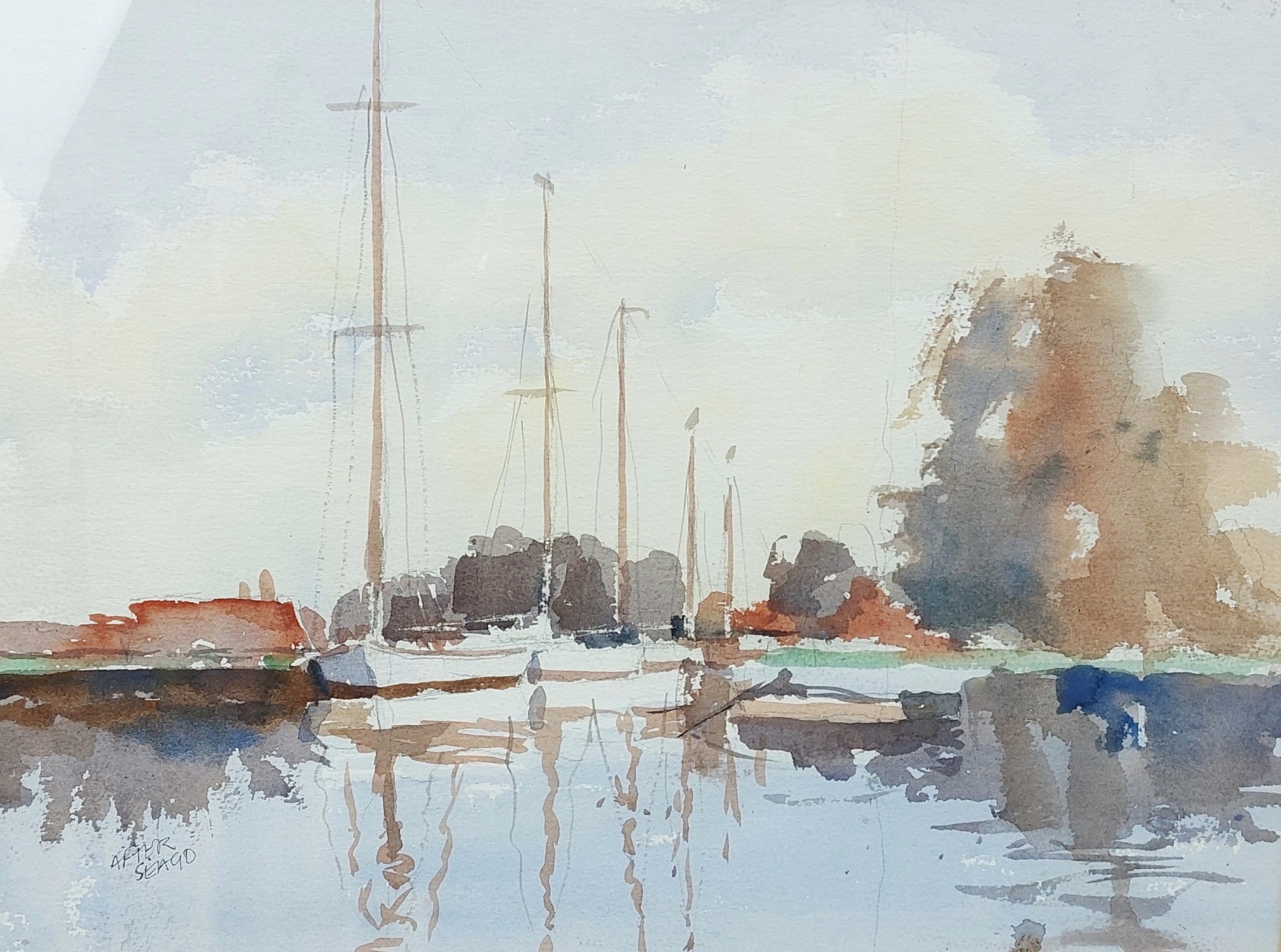 Contemporary Watercolour Of Moored Yachts 2