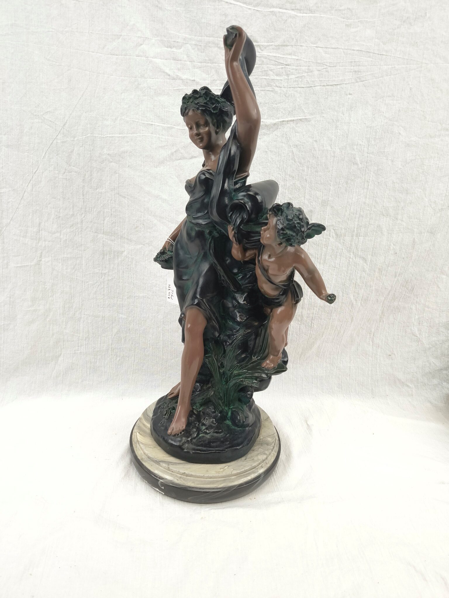 Edwardian Painted Spelter Lady And Cherub Group Statue On A Marble Base 2