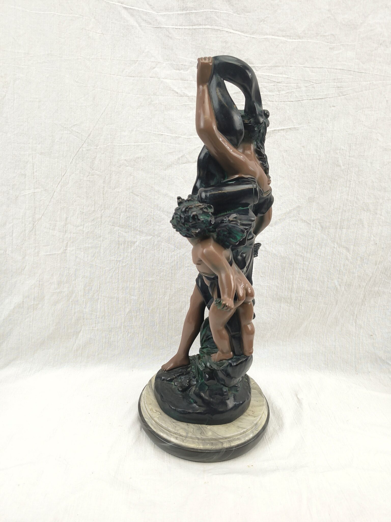 Edwardian Painted Spelter Lady And Cherub Group Statue On A Marble Base 3