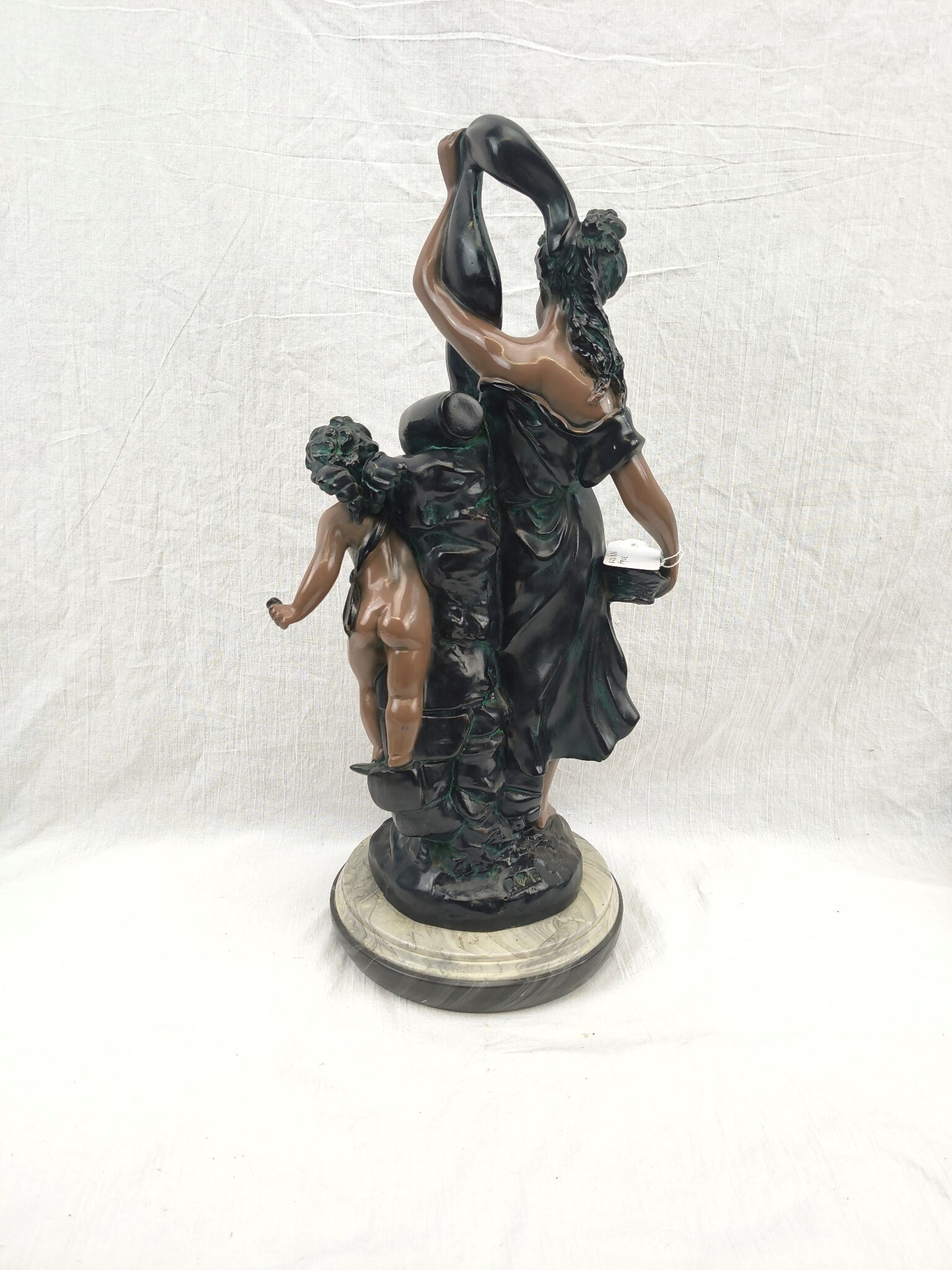 Edwardian Painted Spelter Lady And Cherub Group Statue On A Marble Base 4
