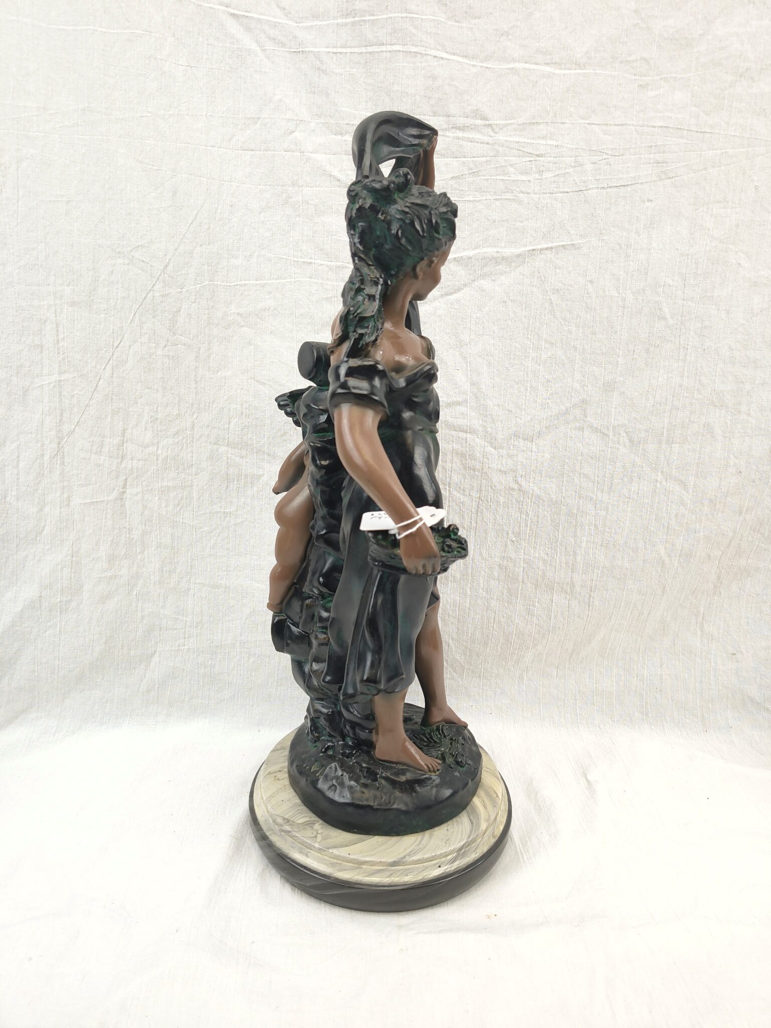 Edwardian Painted Spelter Lady And Cherub Group Statue On A Marble Base 5