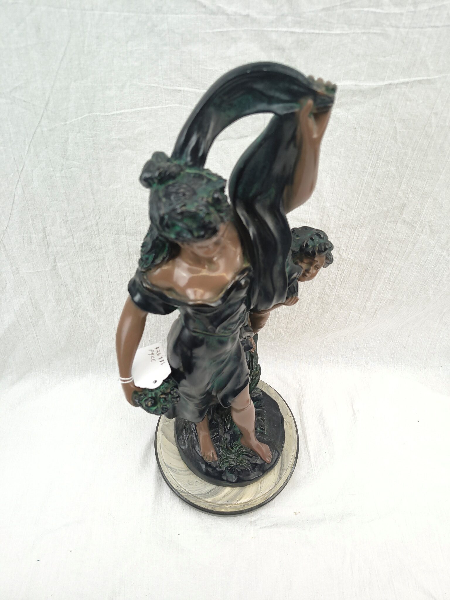 Edwardian Painted Spelter Lady And Cherub Group Statue On A Marble Base 7