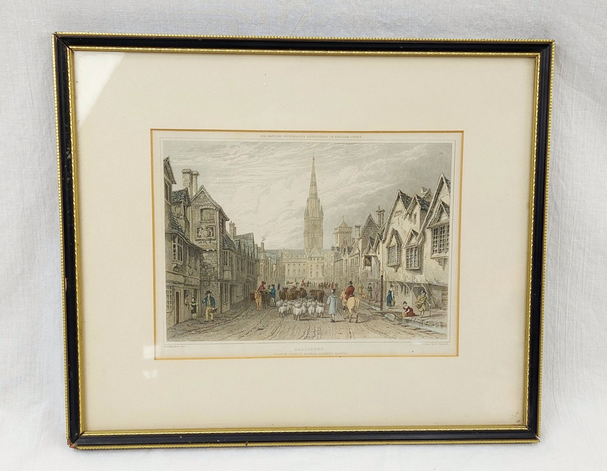 Framed 1830 Hand Coloured Engraving Of Castle Street Salisbury 1