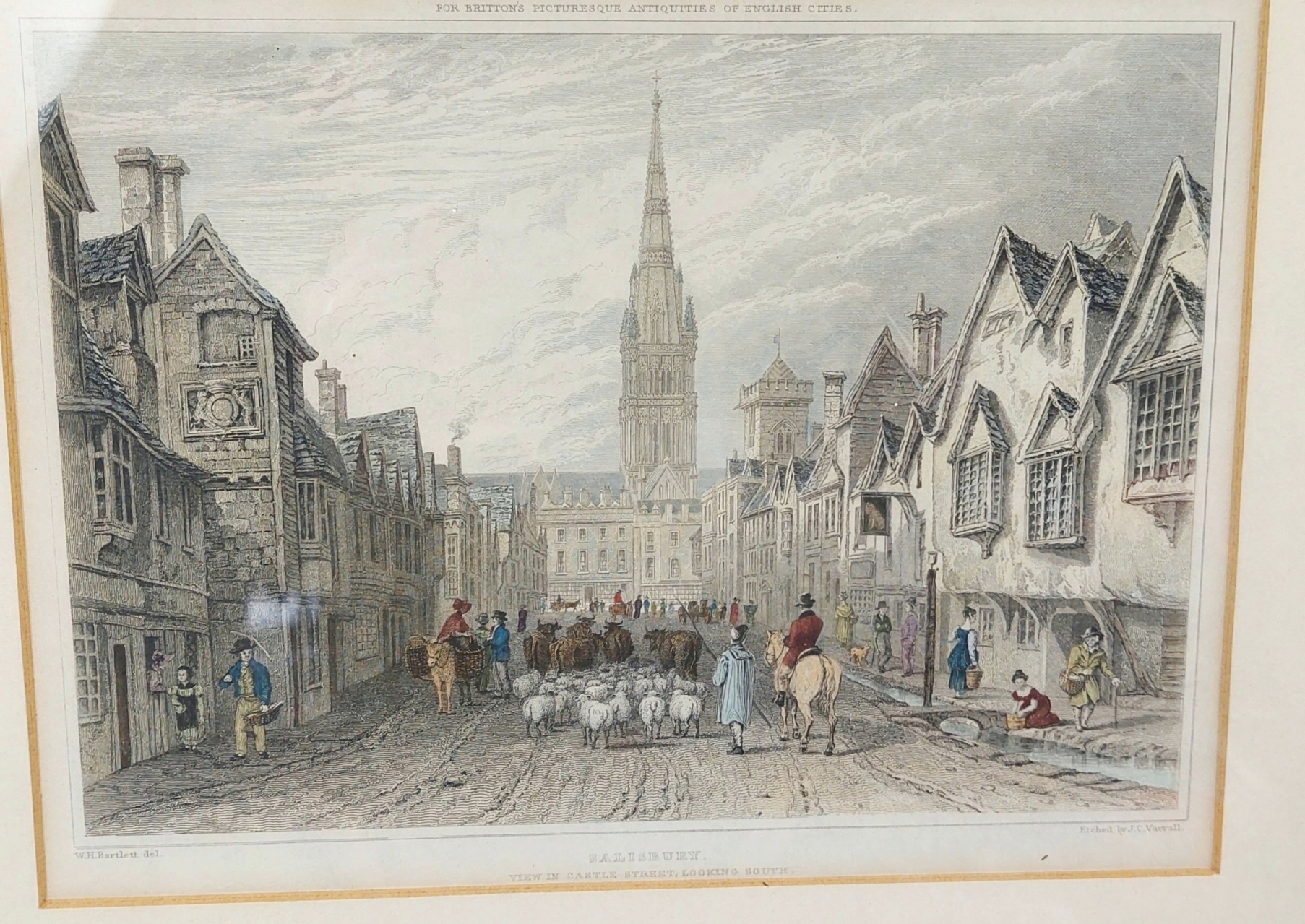 Framed 1830 Hand Coloured Engraving Of Castle Street Salisbury 2