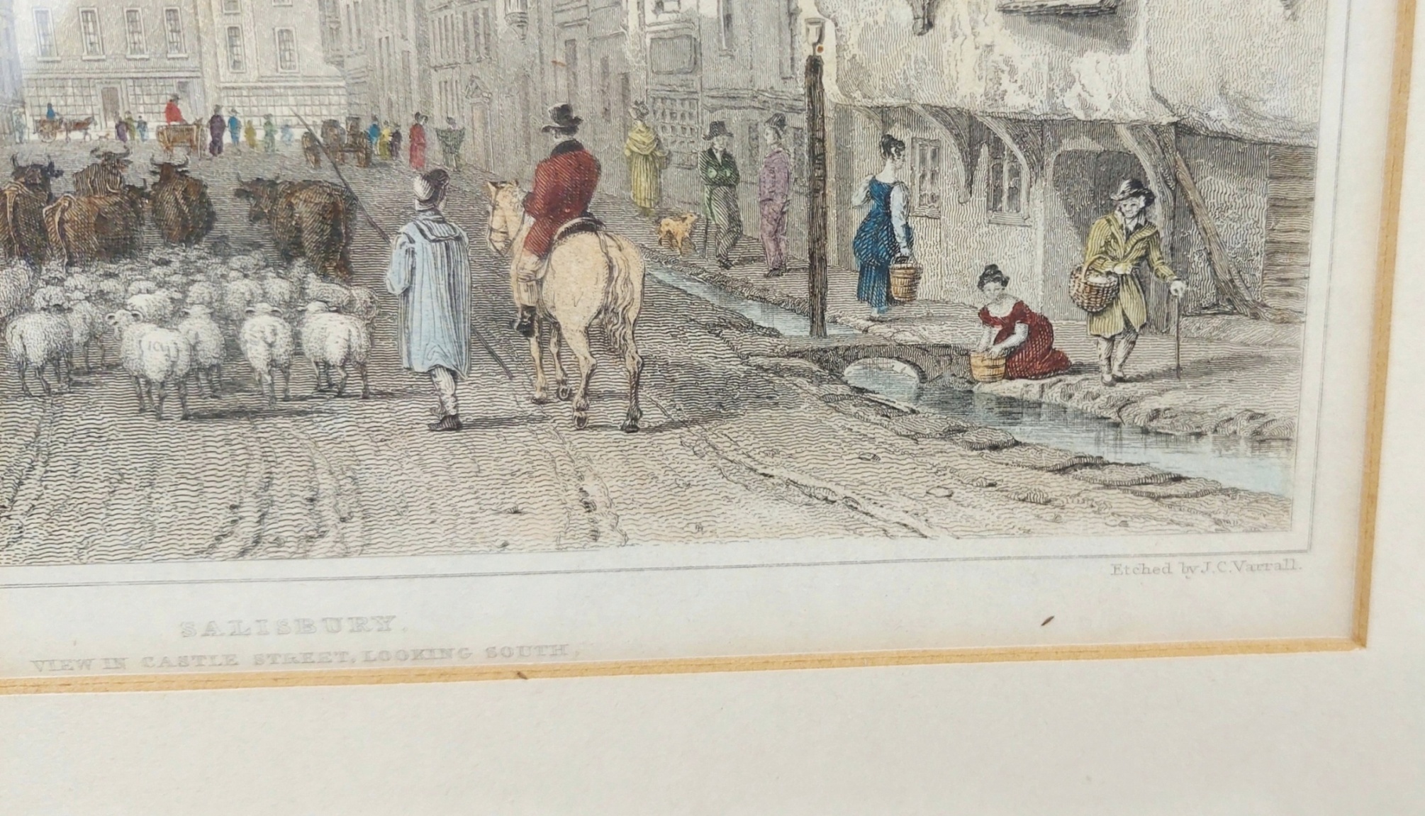 Framed 1830 Hand Coloured Engraving Of Castle Street Salisbury 4