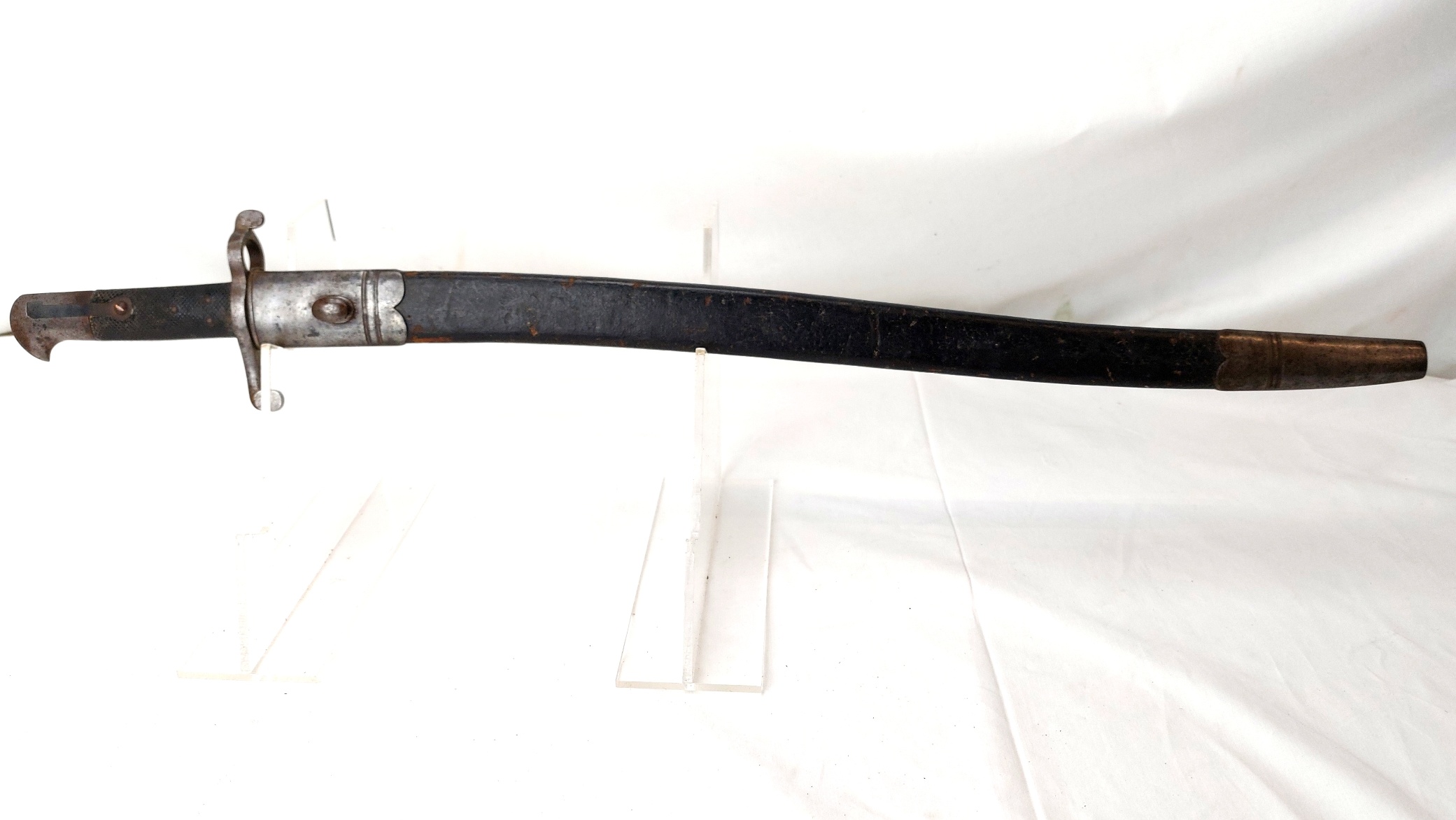 British, c.1856, Pattern 1856 Yataghan Sword Bayonet and Scabbard, Stepped Mortise, for Enfield Two-Band Short Rifle, Volunteer - Commercial Type