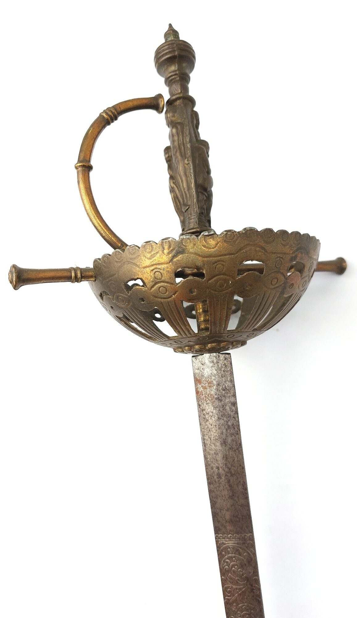 European, late 19th century, Renaissance Revival Decorative Cup-Hilt Rapier, Figural Grip, Etched Blade (13)