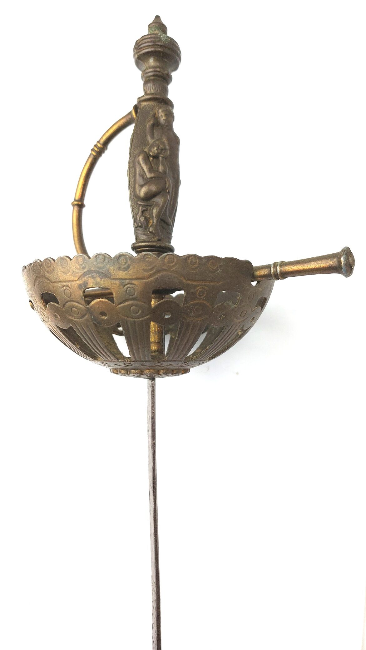 European, late 19th century, Renaissance Revival Decorative Cup-Hilt Rapier, Figural Grip, Etched Blade (15)